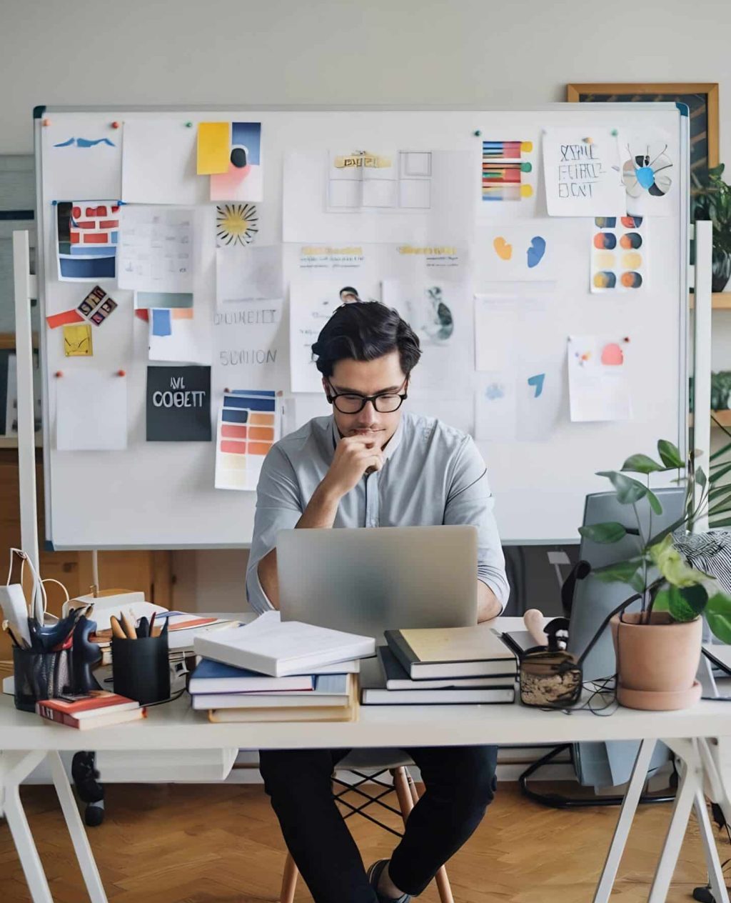 thoughtful-freelancer-sitting-with-laptop-desk